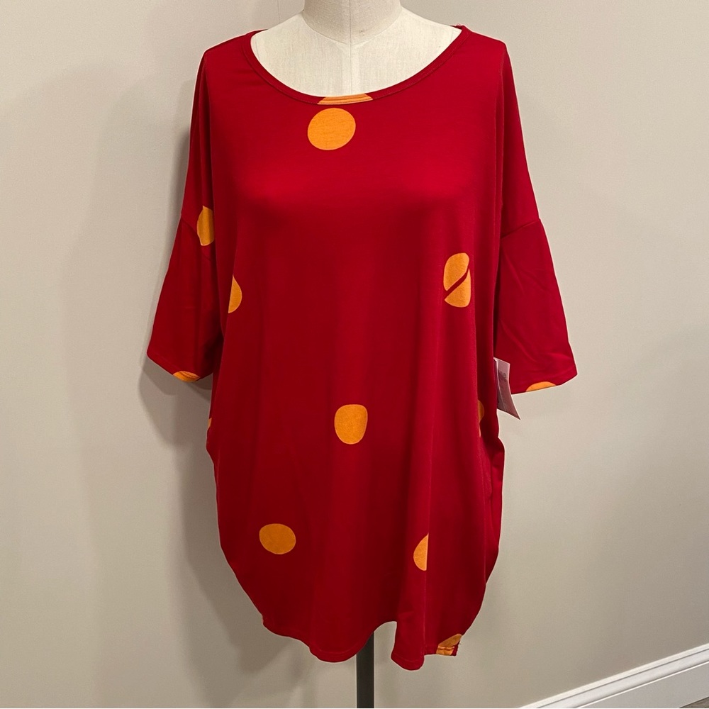 LULAROE Irma Tunic Top Red with Orange Polka Dots Size Medium New